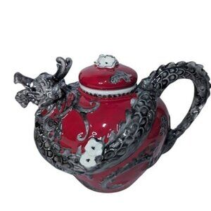 Blue Sky Clayworks Red Dragon Hand Painted Teapot Heather Goldminc Flowers